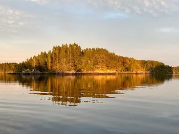 Scenic view of lake by trees against sky