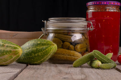 Close-up of fruits in jar on table