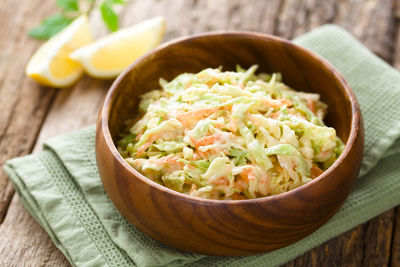 High angle view of noodles in bowl on table