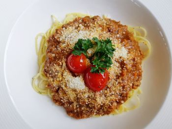 High angle view of breakfast served in plate