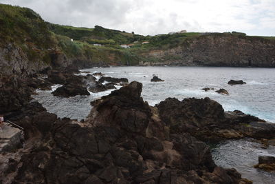 Rocks on sea shore against sky