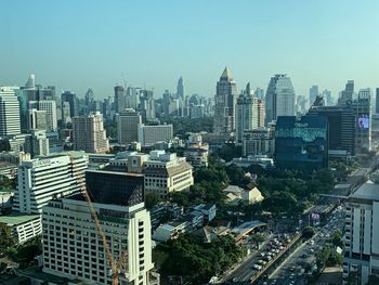 High angle view of buildings against clear sky