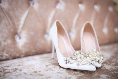 Elegant and stylish bridal shoes. selective focus.