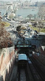 High angle view of railroad tracks in city