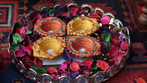 High angle view of multi colored candies on table