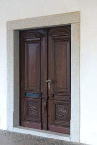 Closed wooden door of building