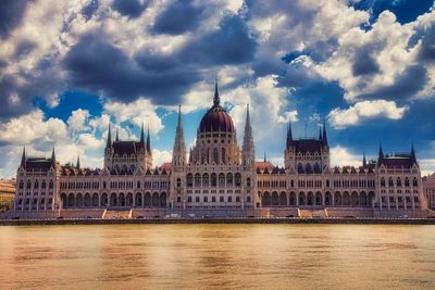 Hungarian parliament against cloudy sky in budapest