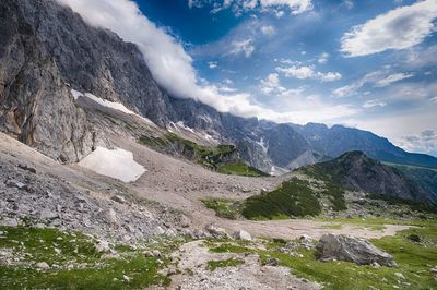 Scenic view of mountains against cloudy sky