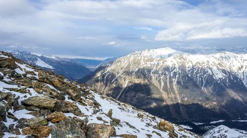 Scenic view of snowcapped mountains against sky