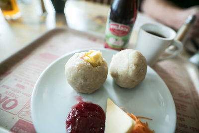 Close-up of eggs in plate on table