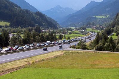 Freeway or highway traffic jam, waiting in the car on the road