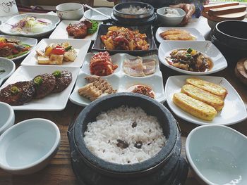 High angle view of food served on table