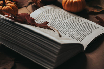 High angle view of book on table