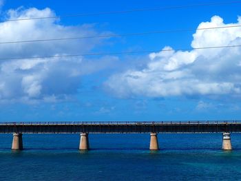 Low angle view of bridge over river against blue sky