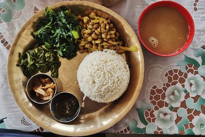 High angle view of breakfast served on table