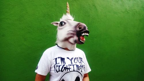 Man wearing unicorn mask against green wall