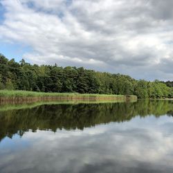 Reflection of trees in lake against sky