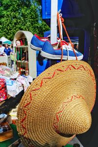 Close-up of multi colored chairs at market stall