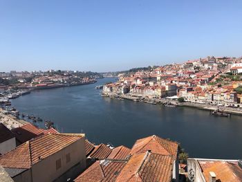 High angle view of river amidst buildings in city against clear sky