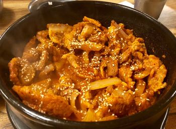 High angle view of meat in cooking pan