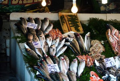 High angle view of fish for sale in market