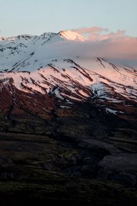 Scenic view of snowcapped mountains against sky during sunset