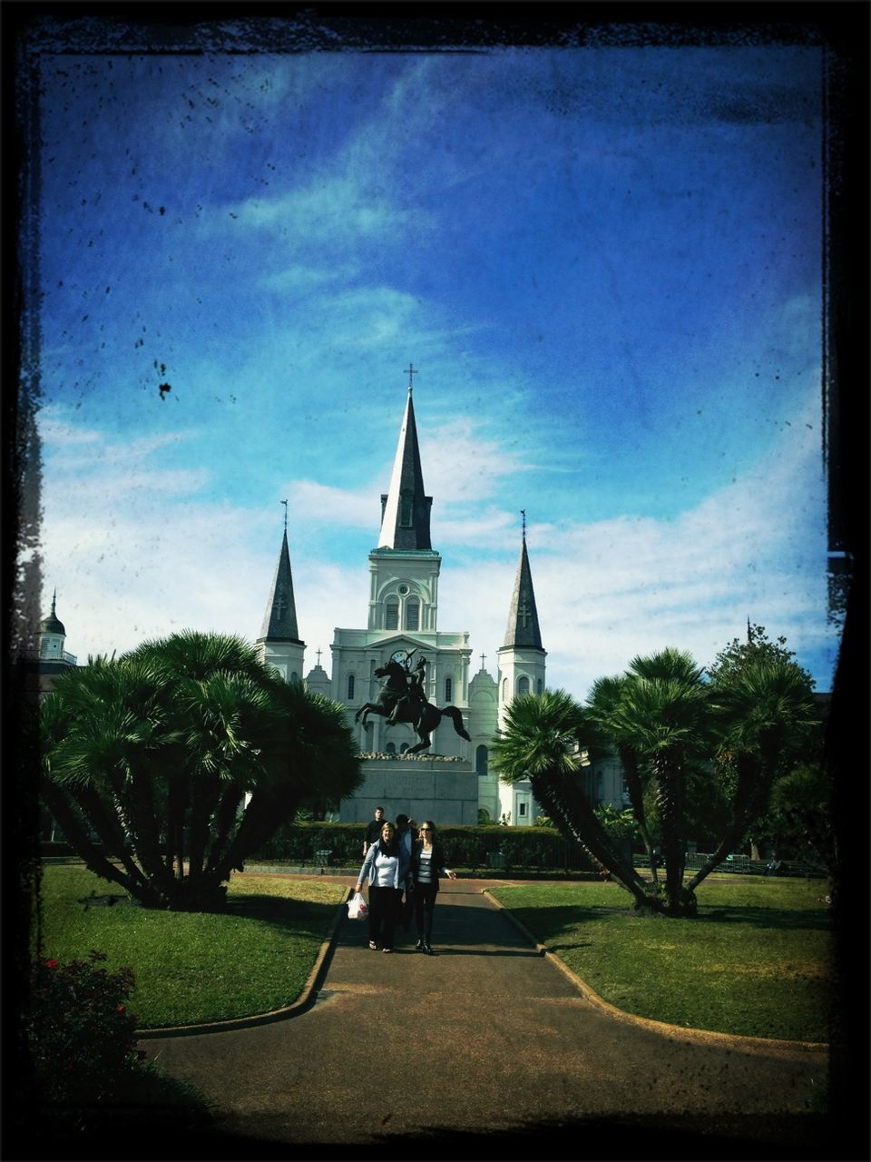 architecture, building exterior, built structure, transfer print, sky, tree, place of worship, church, men, auto post production filter, religion, dome, grass, spirituality, sunlight, lifestyles, person, day