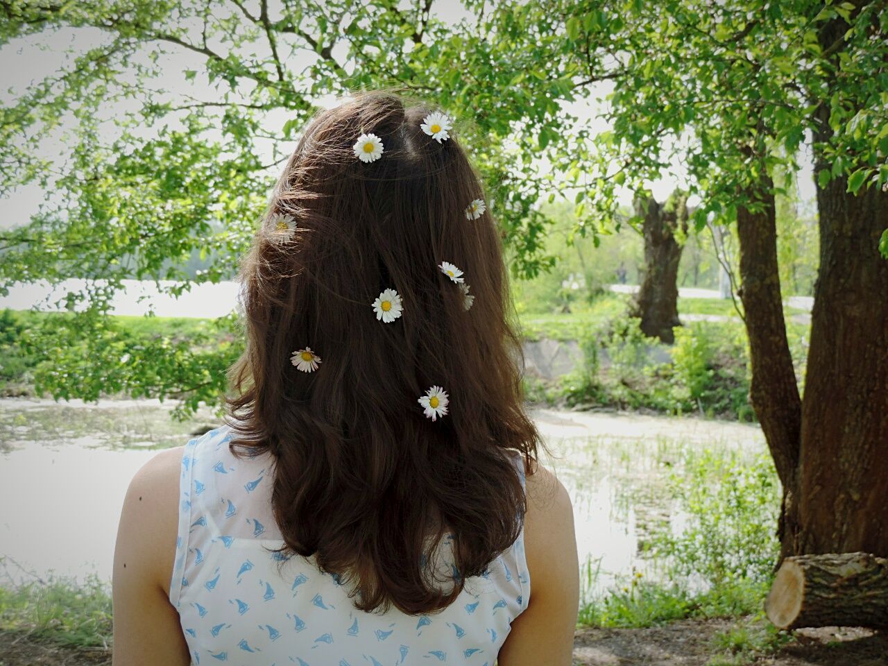long hair, one person, tree, day, real people, outdoors, headshot, wearing flowers, brown hair, rear view, flower, lifestyles, leisure activity, tree trunk, women, nature, young women, only women, young adult, one woman only, people, adult, adults only