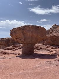 Rock formations on landscape against cloudy sky