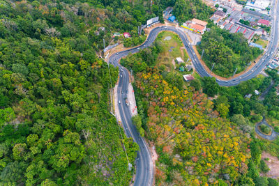 Aerial view of mountain road in forest in autumn season top view from drone of curve road 