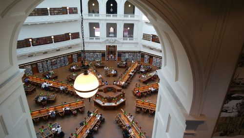 High angle view of illuminated buildings in city