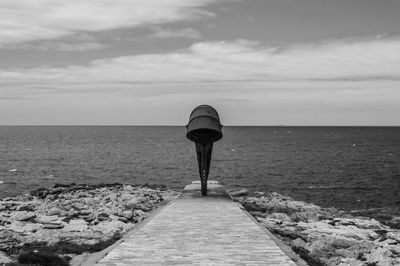 Rear view of man standing at beach against sky