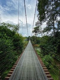 Suspension bridge amidst trees against sky