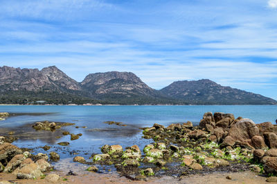 Scenic view of sea and mountains against sky