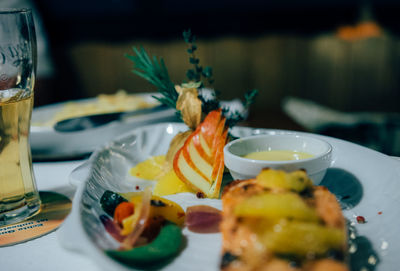 Close-up of food served in plate on table