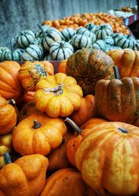 Close-up of pumpkins for sale at market stall