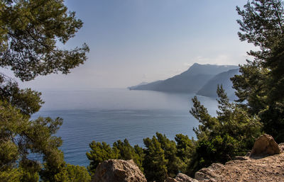 Scenic view of sea and mountains against sky