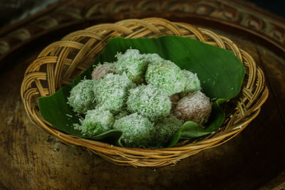High angle view of vegetables in basket on table