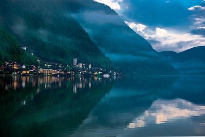 Scenic view of lake and mountains against sky