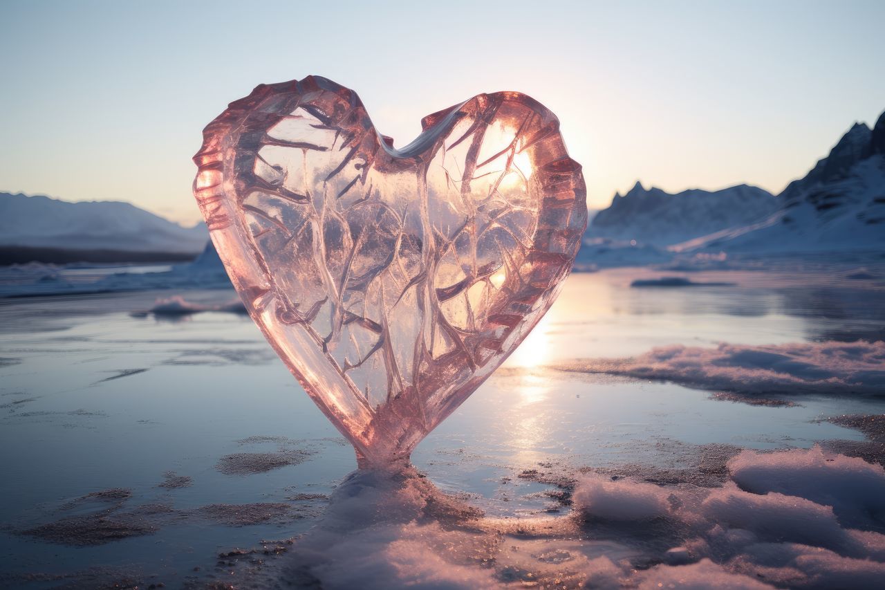 reflection, heart shape, love, morning, sky, positive emotion, nature, water, emotion, heart, romance, beauty in nature, scenics - nature, sea, valentine's day, sunlight, snow, tranquility, mountain, winter, environment, cloud, sunrise, rock, outdoors, ice, land, ocean, tranquil scene, landscape, blue, mountain range, creativity, beach