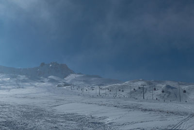 Winter landscape of erciyes mount slope. funicular cableway at ski resort.