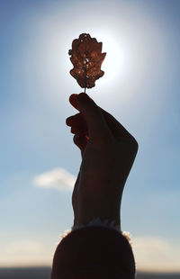 Close-up of silhouette hand against sky during sunset