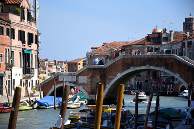 View of canal and buildings against clear sky