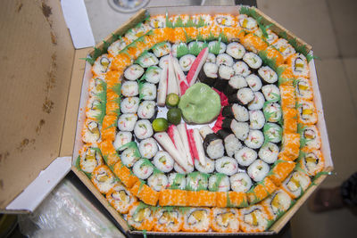 High angle view of multi colored candies on table