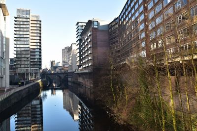 Bridge over canal amidst buildings against sky in city