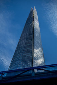 Low angle view of modern building against blue sky