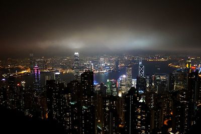 High angle view of illuminated city at night