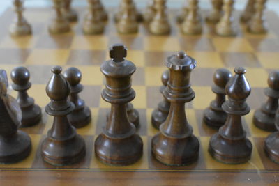 High angle view of chess pieces