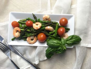 High angle view of salad in plate on table