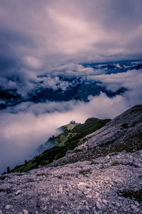 Scenic view of mountains against cloudy sky